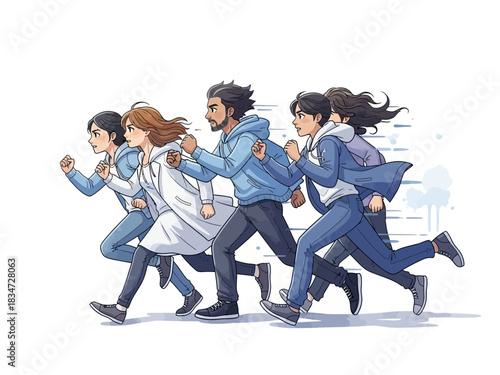 Group of young adults running together in casual clothing on a white background