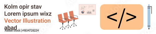 Business workflow, coding, technology, workplace setup, teamwork, and data . Contains a code symbol, chairs a pen and a chart. Business workflow and coding concept