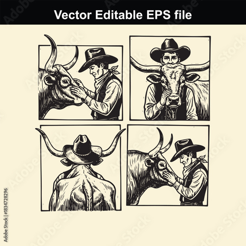 vector editable eps file showing a cowboy interacting with a longhorn steer from four different perspectives, including closeups and rear view