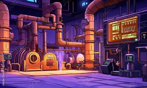 Interior Futuristic Machine Room Cartoon Style with a Complex System