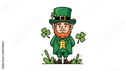 A cheerful Irish leprechaun illustration with a red beard, green costume, and lucky clovers for a holiday celebration