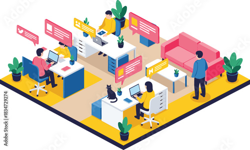Isometric flat vector illustration of an open-plan office with coworkers working on laptops at desks, chat bubbles, and a lounge area, symbolizing modern communication and shared workspace