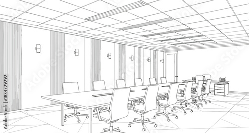 Detailed wireframe outline drawing of a large corporate boardroom with a long table, rolling chairs, and contemporary interior design, symbolizing business meetings, conference, and strategy