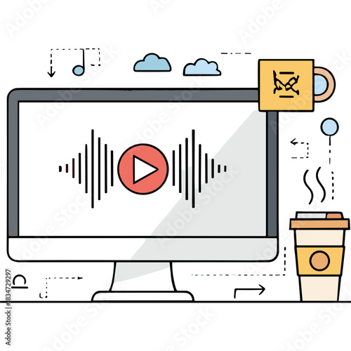 Digital Desktop Computer Displaying Audio Waveform and Play Button Icon with Coffee Cup and Mug on Black Background Representing Sound Recording or Broadcasting