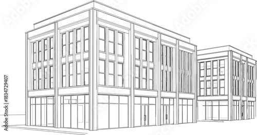 Modern Commercial Building Architecture Line Art Vector Drawing Illustration Design for Real Estate or Business Development Project