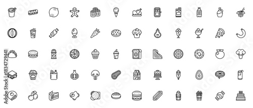 Food and drinks icon set. Vector illustration. Inclues symbols for pizza, burgr, sushi, ice cream, cake,soda, sandwich, avocado, seak, candy and more. Editale stroke.