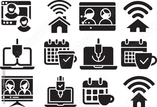 Black silhouettes for remote work and digital communication.