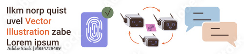 Digital identity, AI automation, cybersecurity, communication tools, biometric authentication, data sharing. Features fingerprint icon, AI bots and text chat bubbles. Digital identity and AI