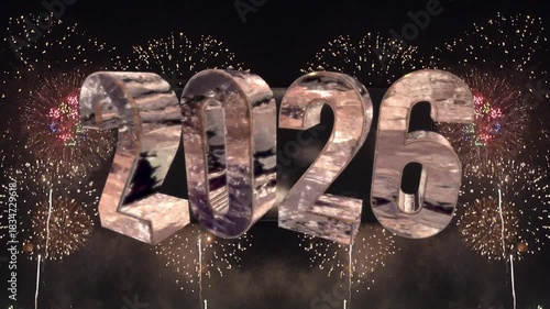 キラキラ輝く2026年 Happy New Year の金属系3dテキスト　新年・正月・お祝い・イベントのシンボル　盛大にあがる花火の背景　