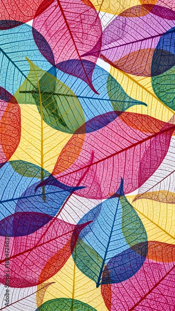 Fototapeta premium Colorful Skeleton Leaves Abstract Pattern - Vibrant Botanical Art