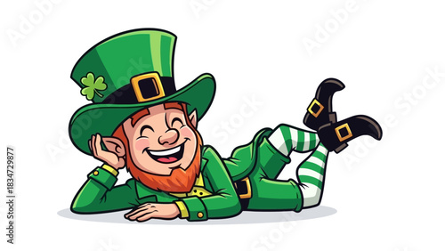 Happy Leprechaun Wearing a Green Hat and Striped Socks, Relaxing on his Back with a Big Smile