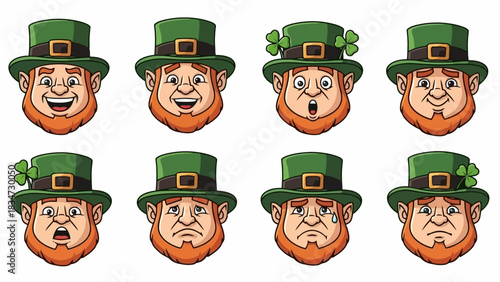 Collection of Cartoon Leprechaun Faces with Various Expressions, Wearing Green Hats with Shamrocks