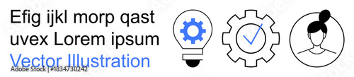 Innovation, process management, verification, user identity, creative solutions, technical concepts. a lightbulb, gear check mark and user profile. Innovation and process management