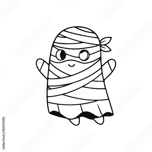 Cute cartoon ghost wrapped up like a mummy, bandaged
