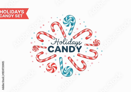A festive holiday candy set illustration featuring candy canes and swirl candies arranged in a circular pattern with "Holidays Candy" text in the center.