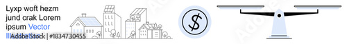 Sustainability, economy, renewable energy, urban planning, finances, balance. Urban houses with solar panels, a dollar symbol and a scale. Renewable energy and economy concept