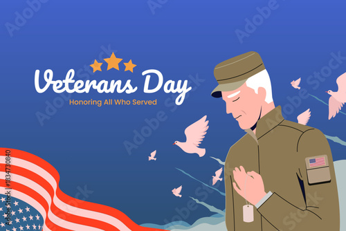Veterans Day Illustration with Soldier and Flying Doves. Design Illustration