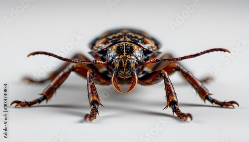 An up close image of an insect, likely a beetle, with detailed antennae and legs, set against a white background.