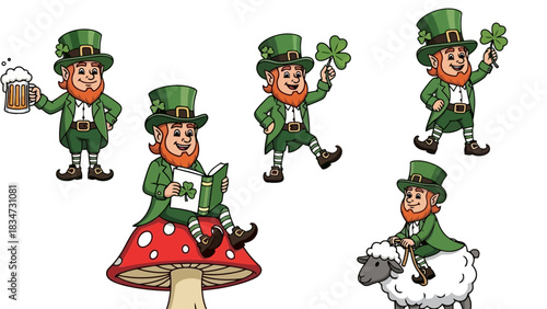 Set of five vibrant cartoon leprechaun characters illustrating Irish folklore and good luck themes, depicted enjoying beer, holding a shamrock, reading, waving, and riding a sheep