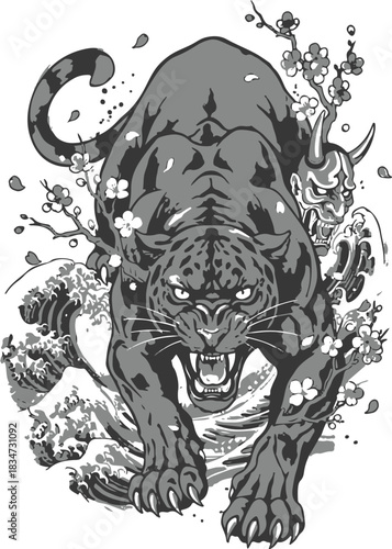 Black Panther Tattoo Illustration – Japanese Waves, Hannya Mask & Cherry Blossoms – Black & White Detailed Vector