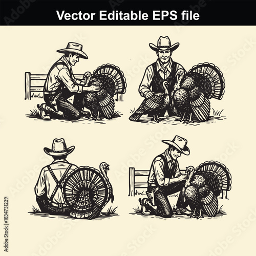 vintage style vector illustration set depicting farmers or cowboys tending to large male turkeys, showcasing different poses and interactions with the fowl