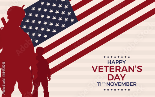 Veterans Day Saluting Soldier with American Flag Background. Design Illustration