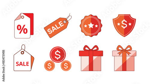 Minimalist Sale Tags, Discount Badge and gift boxes Vector Set in Red and Orange