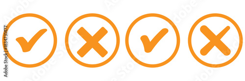 Right or wrong icons. Green tick and red cross checkmarks in circle flat icons. Yes or no symbol, approved or rejected icon for user interface.