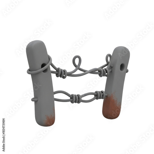 Rustic Farm Fence 3D Render - Weathered Wooden Posts and Barbed Wire Structure