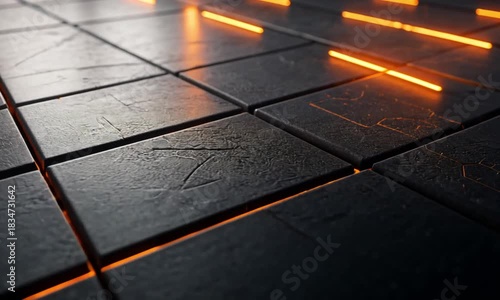 Futuristic Grid Pattern with Orange Glowing Cracks and Lines, Dark Tech