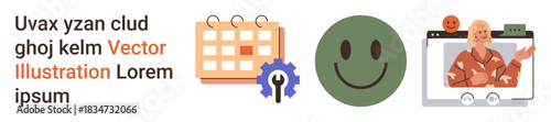 Time management, technical support, emotional well-being, video conferencing, online tutorials, communication tools. A calendar, gear symbol happy face and a person on video chat. Time management