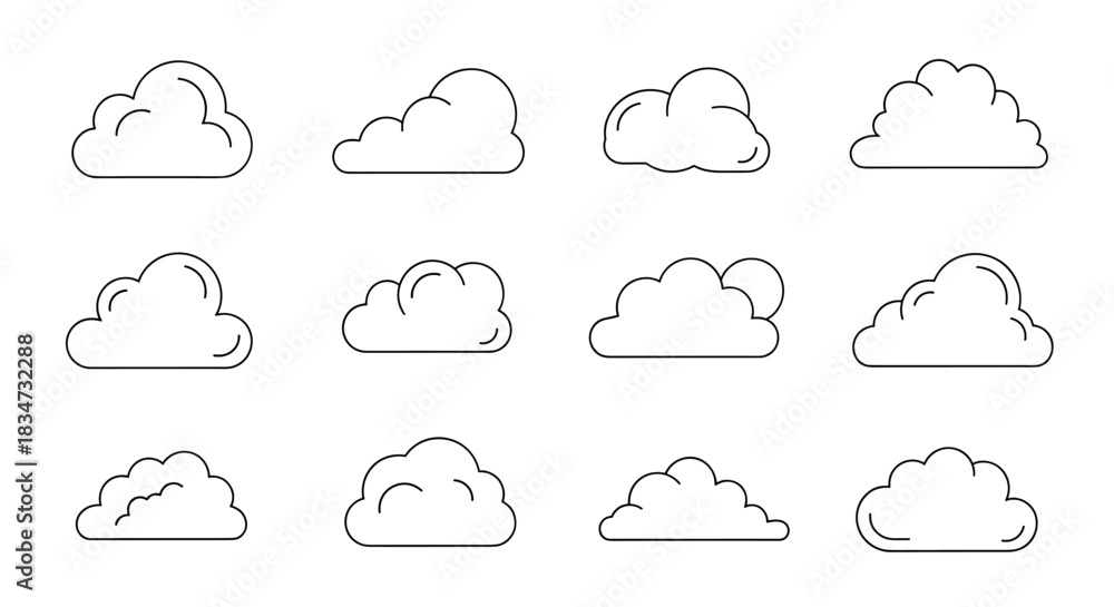 Obraz premium A collection of twelve different cloud shapes presented in a simple and clean black and white line art icon style.