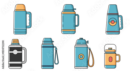 A collection of eight colorful thermos and vacuum flask icons in a flat outline style for travel and outdoor activities.