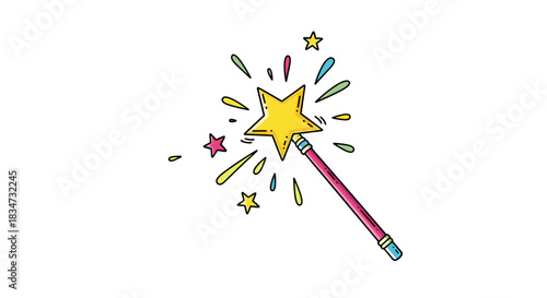 A playful cartoon drawing of a magical wand with a yellow star tip creating a burst of colorful splatters and smaller stars.