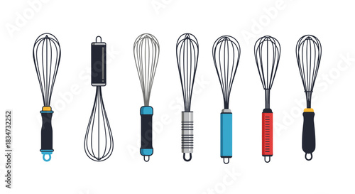 A collection of seven different kitchen whisks with various handle designs and colors in a flat cartoon vector illustration style.