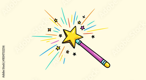 A whimsical cartoon illustration of a sparkling magic wand with a yellow star tip emitting colorful rays of light and glitter.