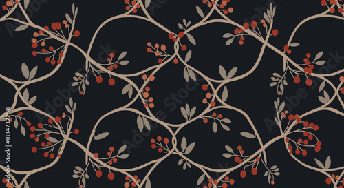An elegant seamless pattern of intertwining beige branches with red berries and gray leaves on a dark navy blue background.