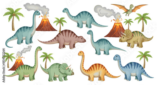 A delightful watercolor set of cute cartoon dinosaurs like brachiosaurus and triceratops in a prehistoric landscape with volcanoes.