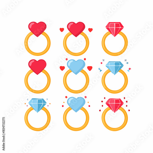 vector icon set of rings jewelry hearts valentine celebration theme