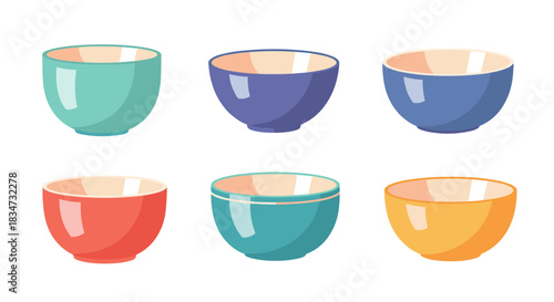 A collection of six colorful empty ceramic bowls in various shades of blue green red and yellow isolated on a white background.