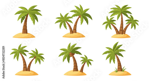 A collection of six tropical islands with one or two cartoon palm trees on each sandy patch isolated on a white background.