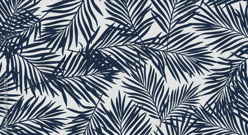 A modern seamless tropical pattern featuring dark navy blue palm leaf silhouettes on a light off-white background for design.
