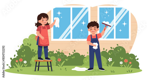 A cheerful cartoon illustration of a boy and girl helping with chores by washing the windows of a house together outdoors.