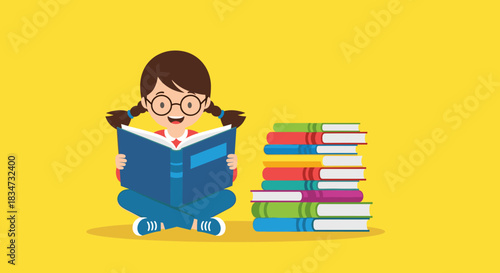 A smart young girl with glasses and pigtails sits happily reading a large book next to a colorful stack of books.