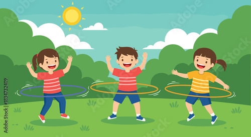 Three happy children playing with hula hoops in a green park on a sunny day having fun together during the summer.