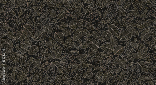 An elegant seamless pattern of golden-brown leaf outlines on a dark background creating a sophisticated and luxurious texture.
