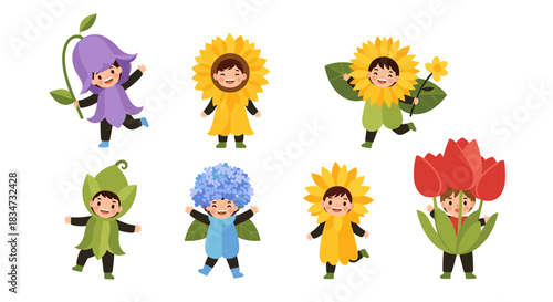 A cute collection of seven happy kids wearing different flower and leaf costumes for a spring festival or school play.