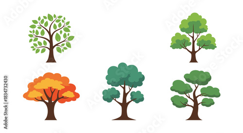 A collection of five different stylized trees representing various types and seasons including summer and autumn foliage.
