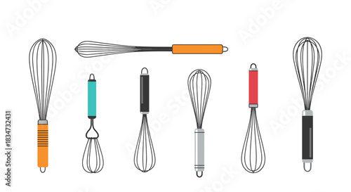 A collection of seven different kitchen whisks with various handle designs and colors in a flat cartoon vector illustration style.
