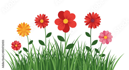A vibrant garden scene with various colorful flowers like red orange and pink daisies growing in lush green grass.
